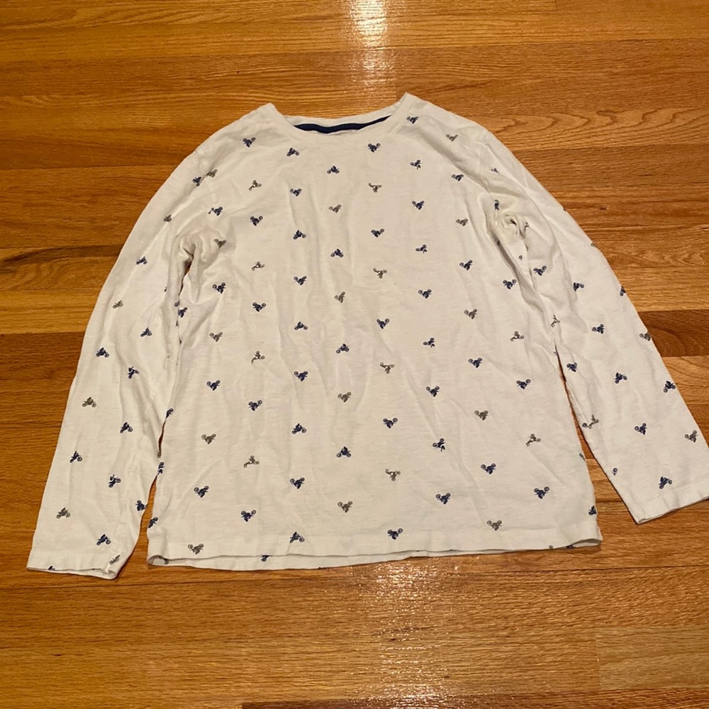 xl (14-16) old navy white long sleeve, with grey and navy blue motorcycle print